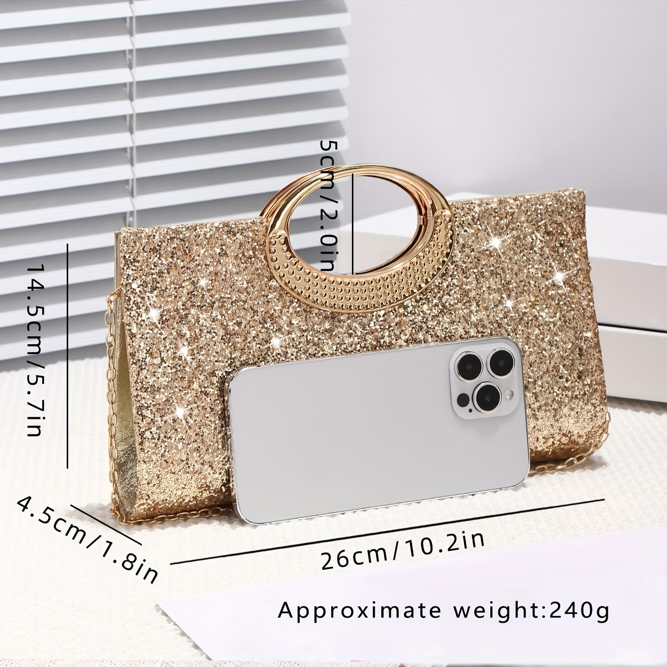 Sparkling Sequin Evening Bag with Gold Chain