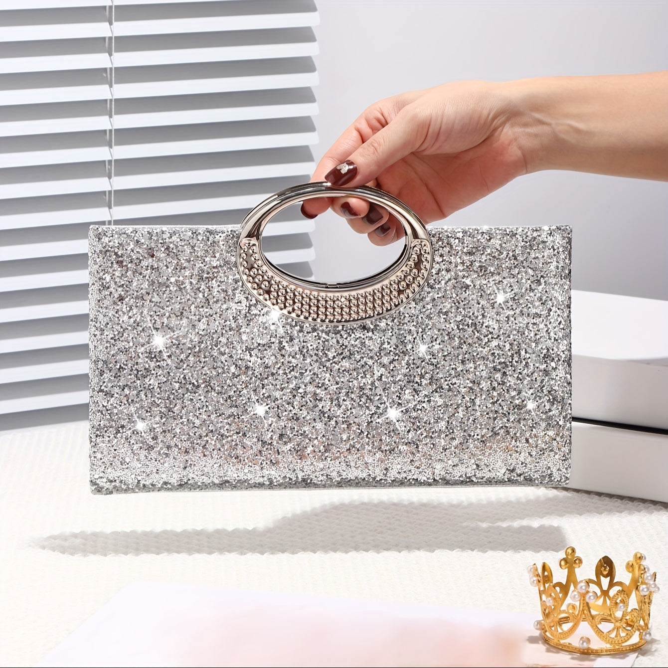Sparkling Sequin Evening Bag with Gold Chain