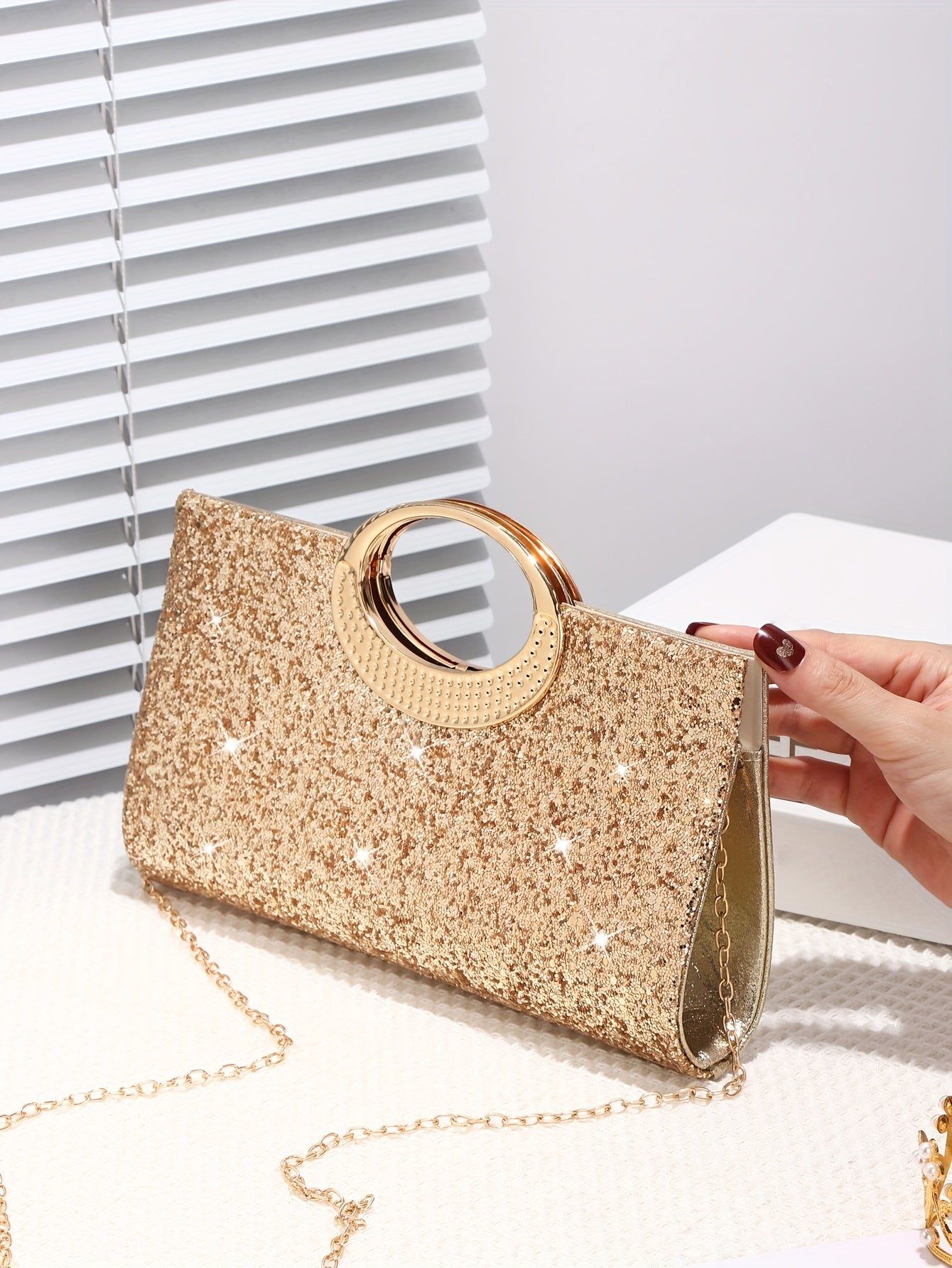 Sparkling Sequin Evening Bag with Gold Chain
