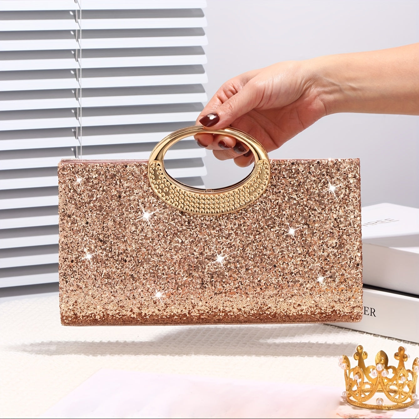 Sparkling Sequin Evening Bag with Gold Chain