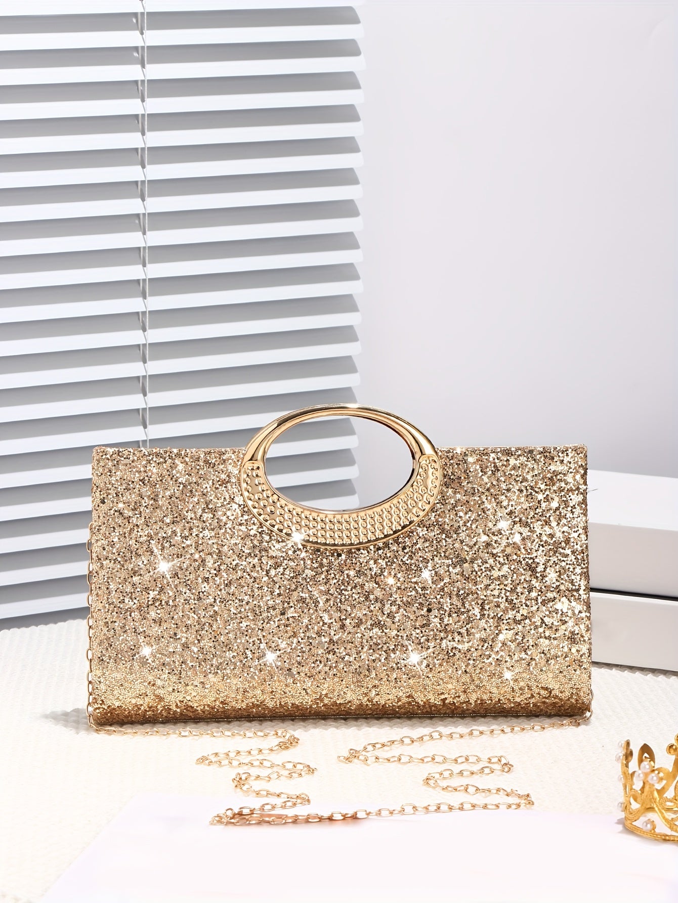 Sparkling Sequin Evening Bag with Gold Chain