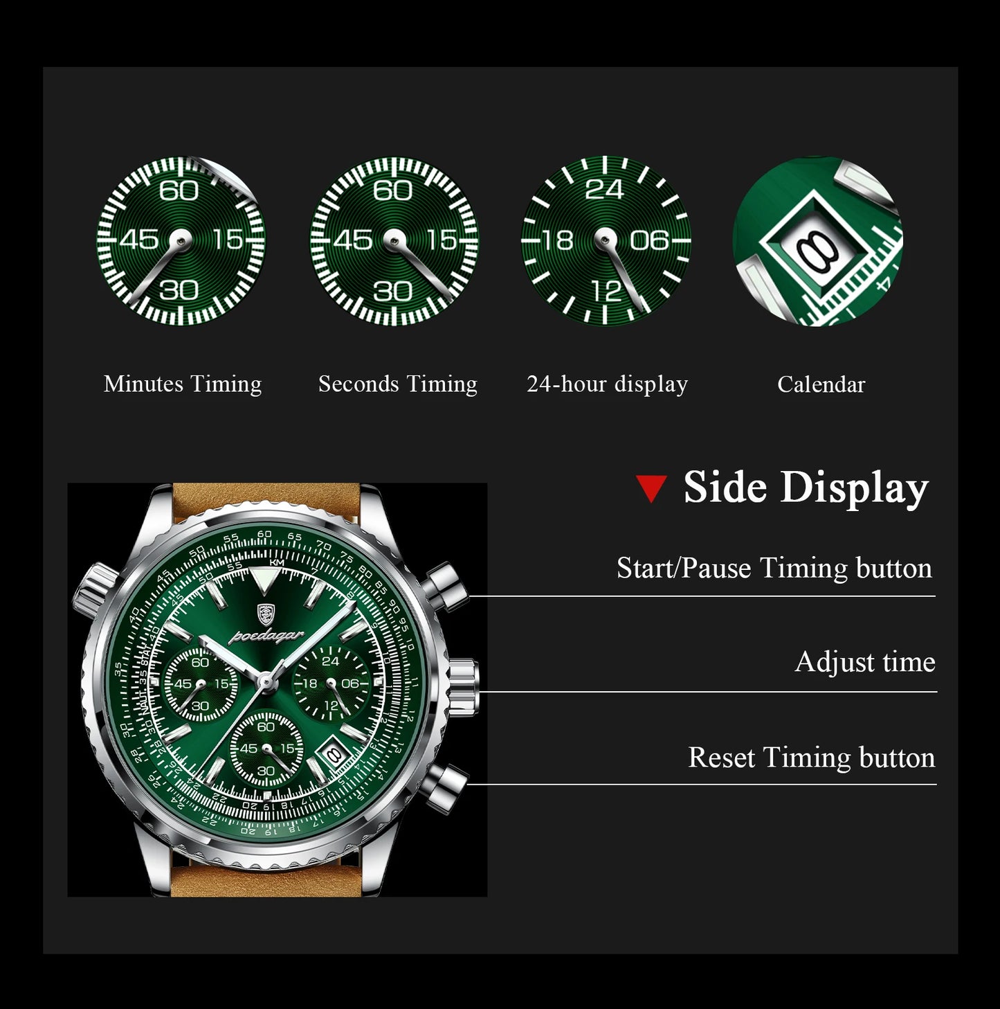 POEDAGAR Men's Luxury Sports Watch – Waterproof & Chronograph