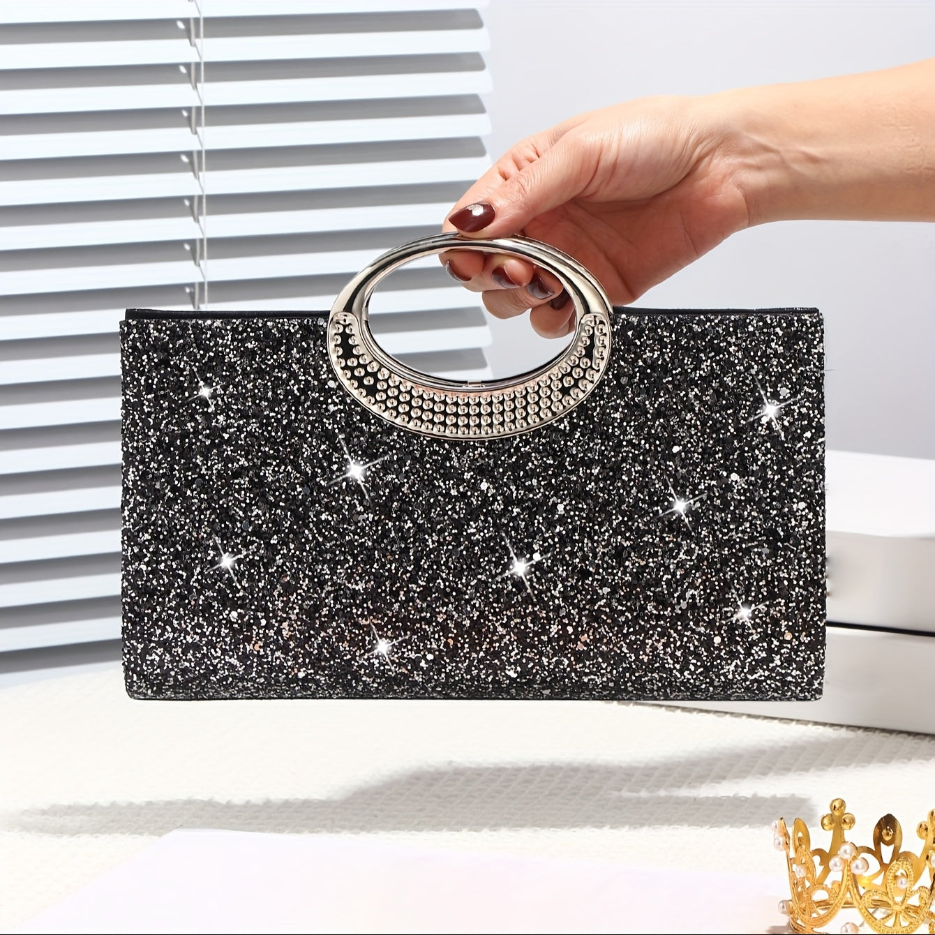 Sparkling Sequin Evening Bag with Gold Chain