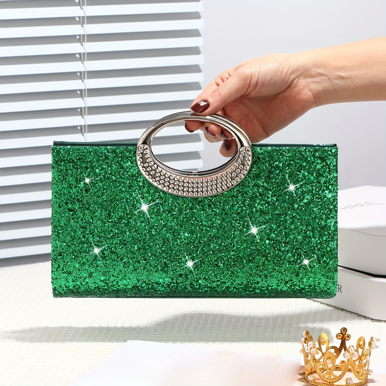 Sparkling Sequin Evening Bag with Gold Chain