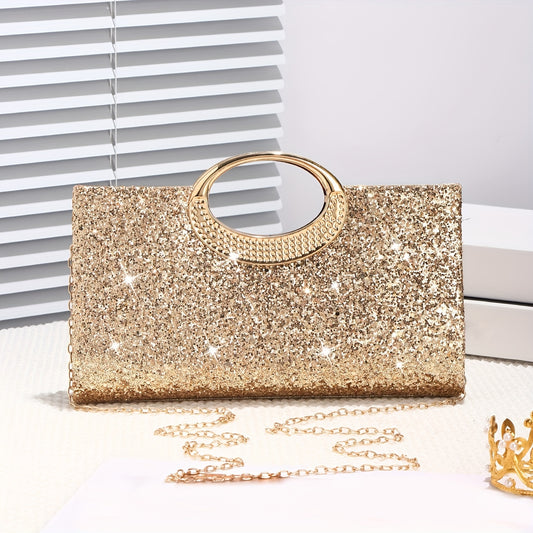Sparkling Sequin Evening Bag with Gold Chain